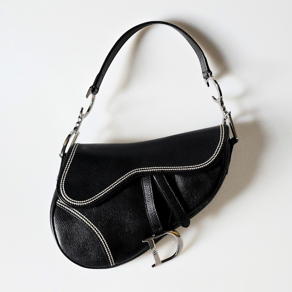 Dior Saddle Bag Vintage Black Goatskin Leather With Contrast Stitch - Picture 15 of 15